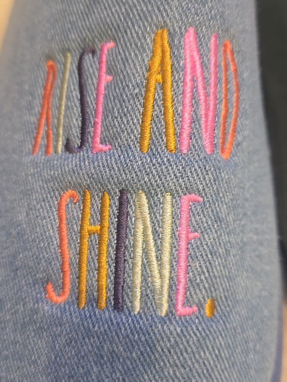 Rae Dunn "Rise and Shine" Denim Blue Slippers - Picture 2 of 11